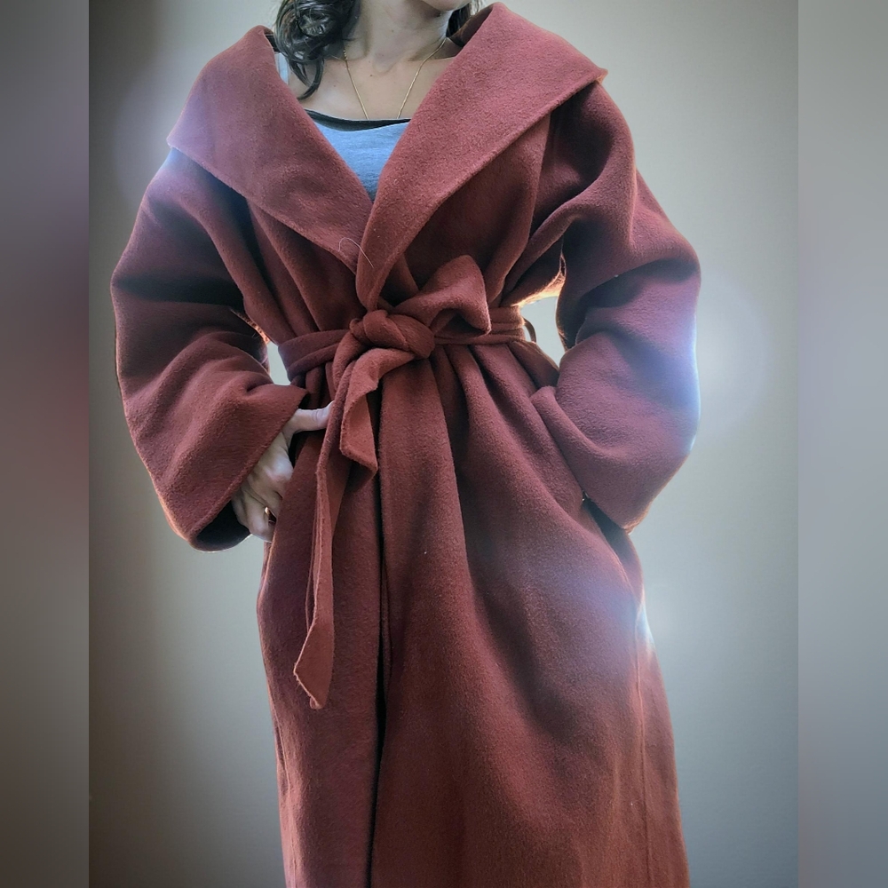 NWT 90% Wool Elegant Hooded Rust Red/Brown Belted Oversize Coat - Picture 5 of 9